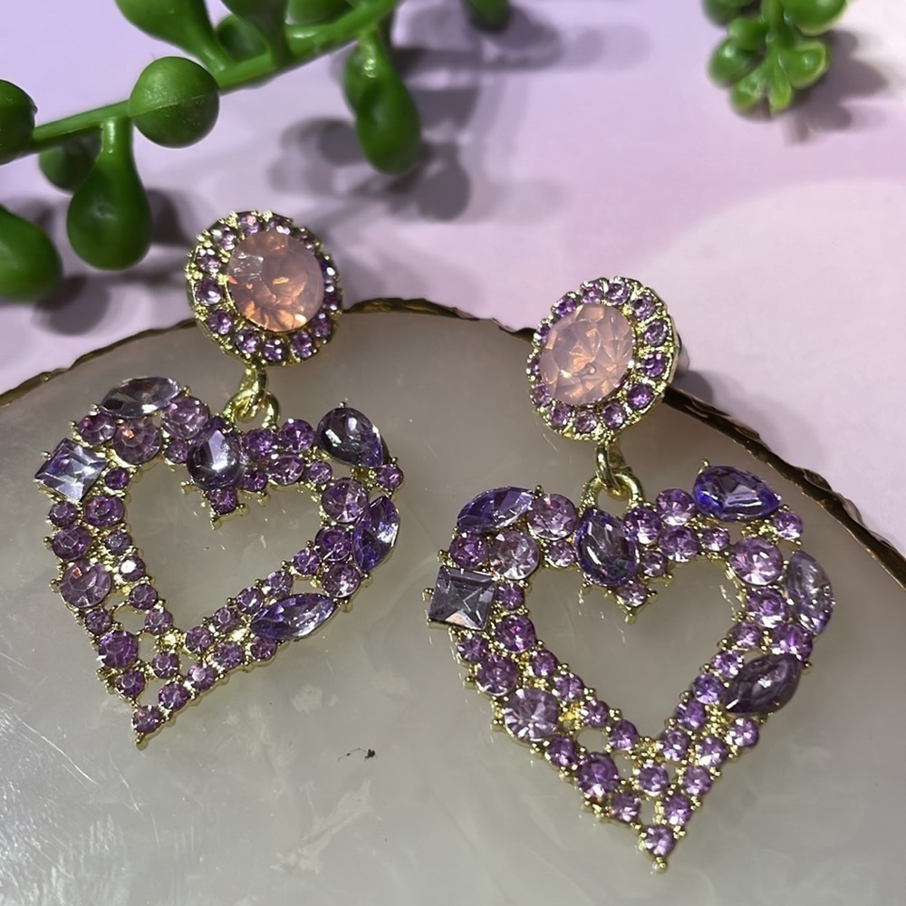 Lavender Crystal Heart Drop Statement Earrings - image 6